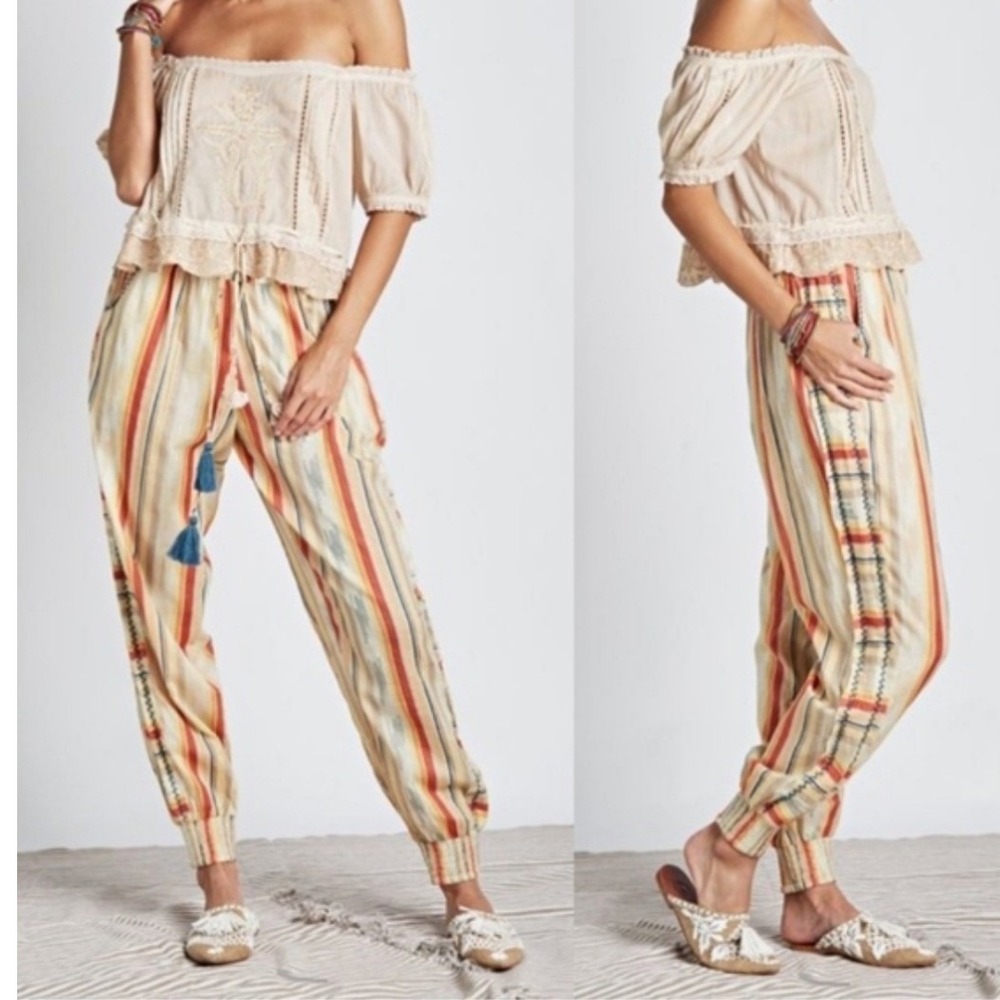 Z&L Womens Cotton Striped Beach Pants Boho Tassel Drawstring Southwestern